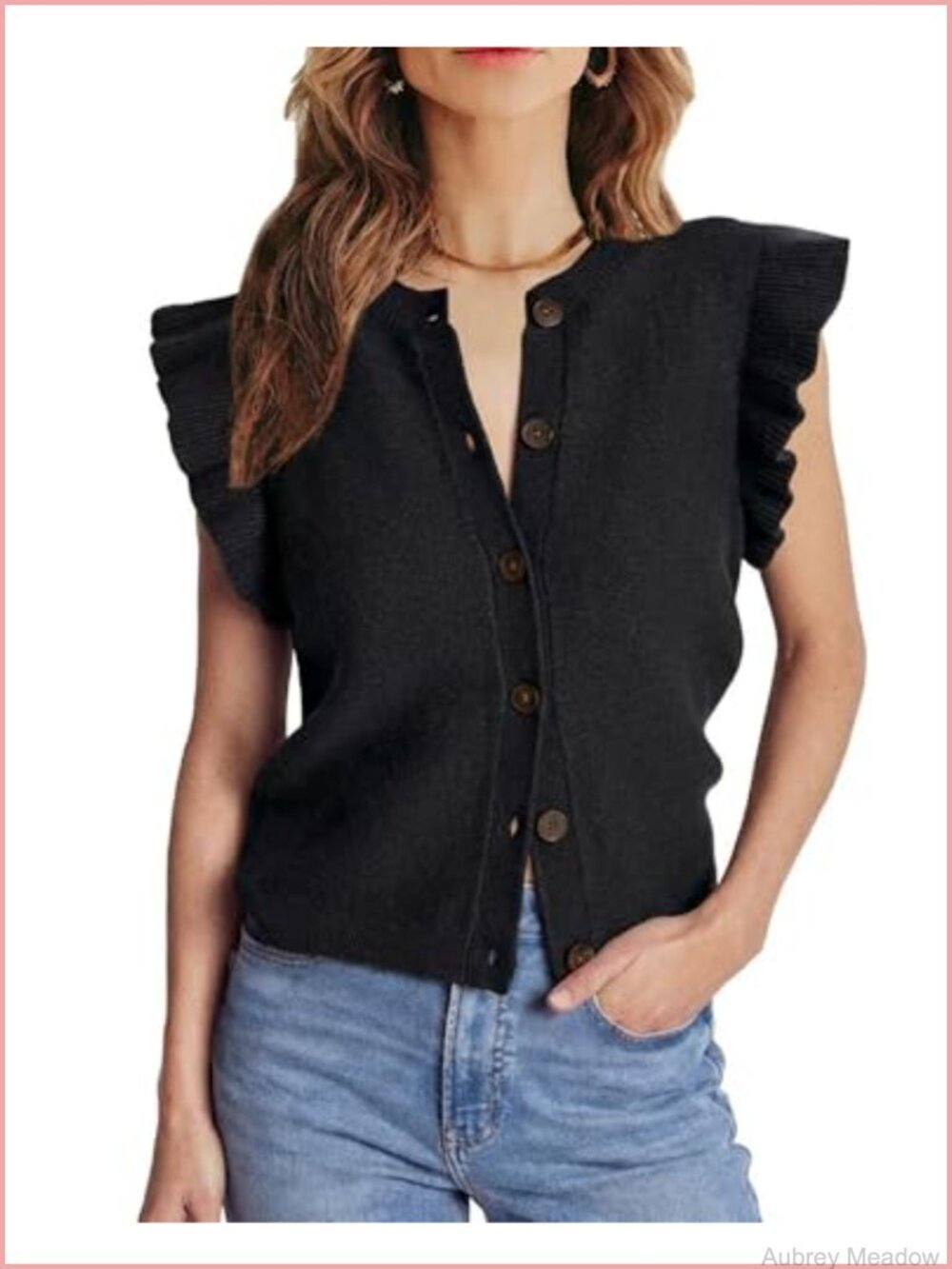 Ruffle Sleeveless Button Down Sweater Vest Crew Neck Ribbed Knit